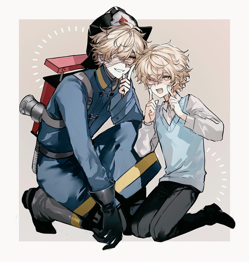 1boy, absurdres, aged_down, bandage_over_one_eye, bandages, black_gloves, black_pants, blonde_hair