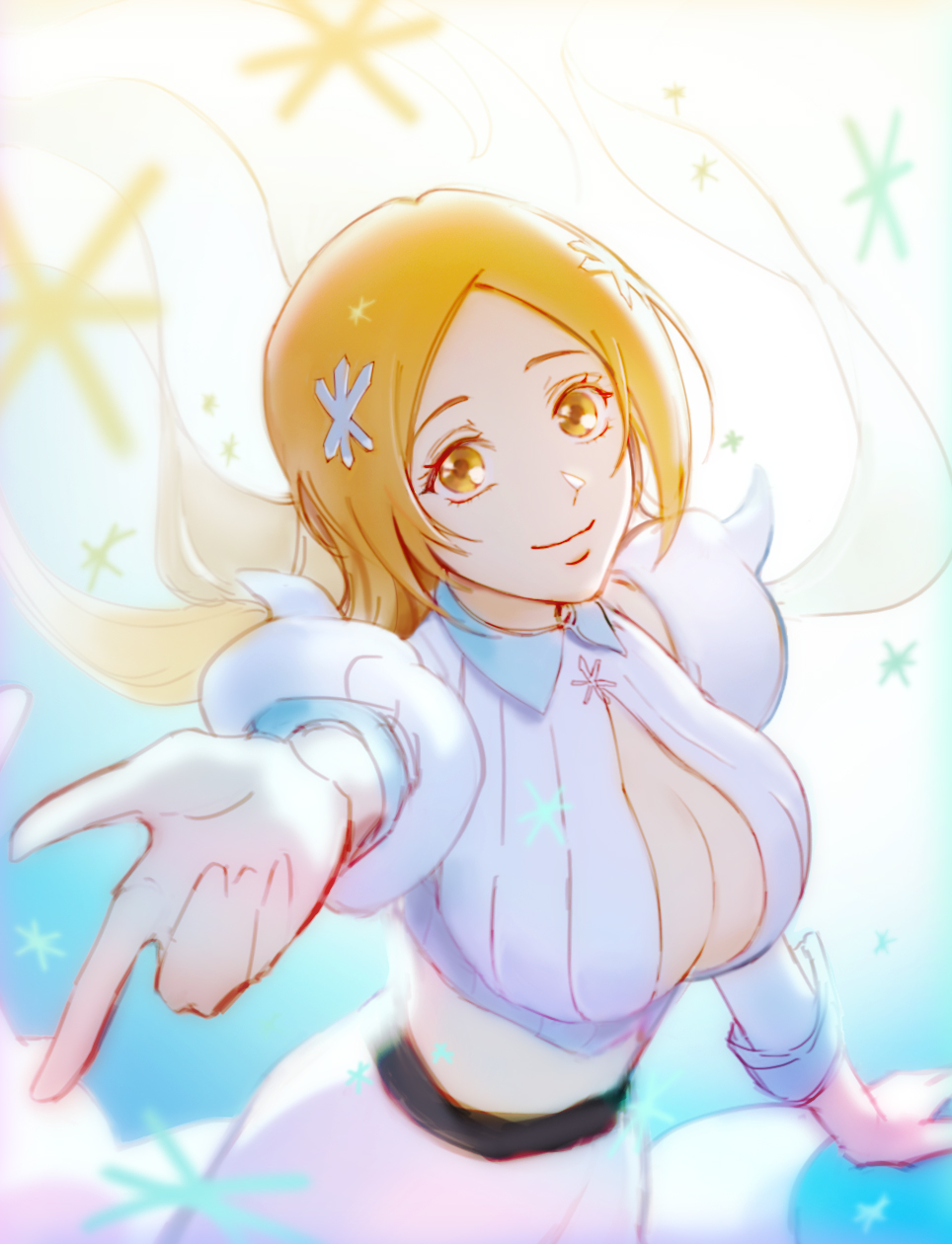 1girl, 22nae2, bleach, bleach:_sennen_kessen-hen, blue_background, breasts, cleavage, cleavage_cutout