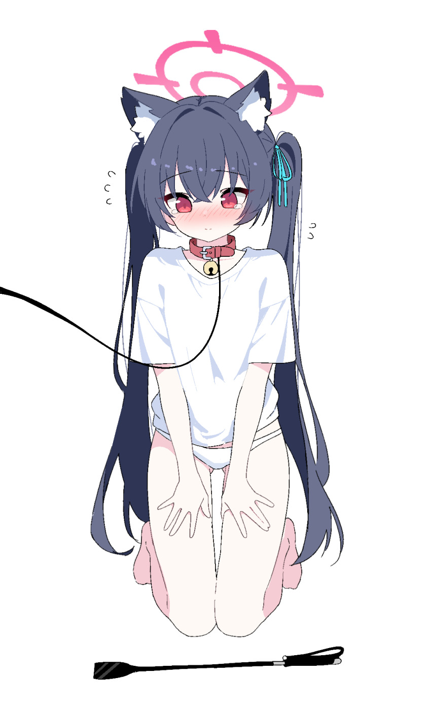 1girl, animal_collar, bell, black_hair, blue_archive, blue_bow, blush, bow