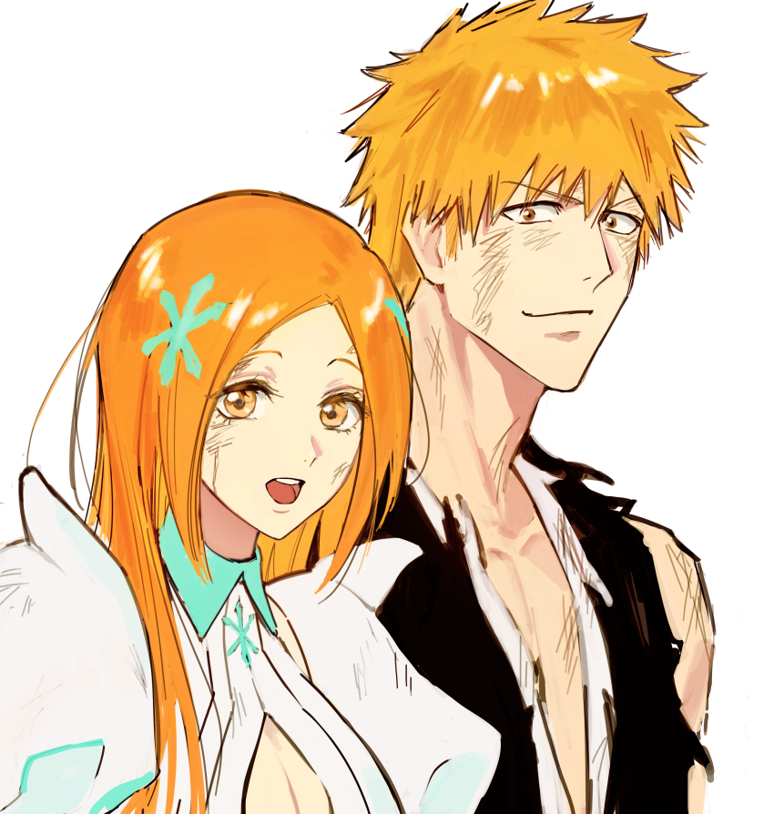 1boy, 1girl, 22nae2, absurdres, battle_damage, black_kimono, bleach, bleach:_sennen_kessen-hen