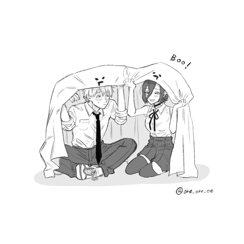 1boy, 1girl, bed_sheet, blush, chainsaw_man, collared_shirt, commentary, denji_(chainsaw_man)