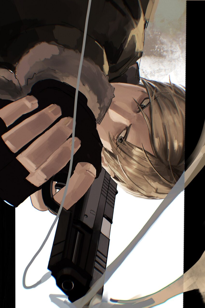 1boy, black_border, black_swan_(e.g.o), blonde_hair, border, e.g.o_(project_moon), fingerless_gloves, fur-trimmed_jacket, fur_trim, furrowed_brow, gloves, grey_eyes, gun, handgun, highres, holding, holding_gun, holding_weapon, jacket, leon_s._kennedy, male_focus, me_ju2, resident_evil, resident_evil_4, short_hair, smoke, smoking_barrel, solo, upper_body, weapon, white_background