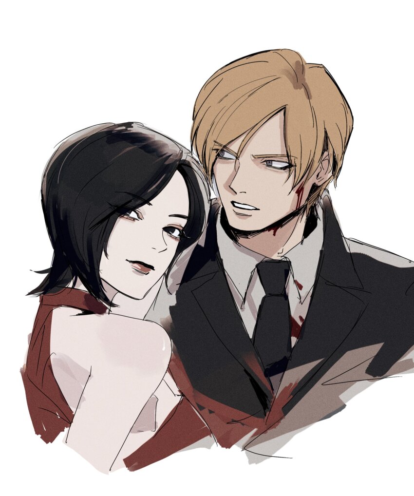 1boy, 1girl, ada_wong, bare_shoulders, black_eyes, black_hair, black_jacket, black_necktie, blonde_hair, blood, blood_on_clothes, blood_on_face, breasts, collared_shirt, dress, grey_eyes, hair_between_eyes, highres, jacket, leon_s._kennedy, looking_at_viewer, looking_to_the_side, me_ju2, medium_breasts, necktie, parted_bangs, red_dress, red_lips, resident_evil, shirt, short_hair, sketch, suit_jacket, upper_body, white_background, white_shirt