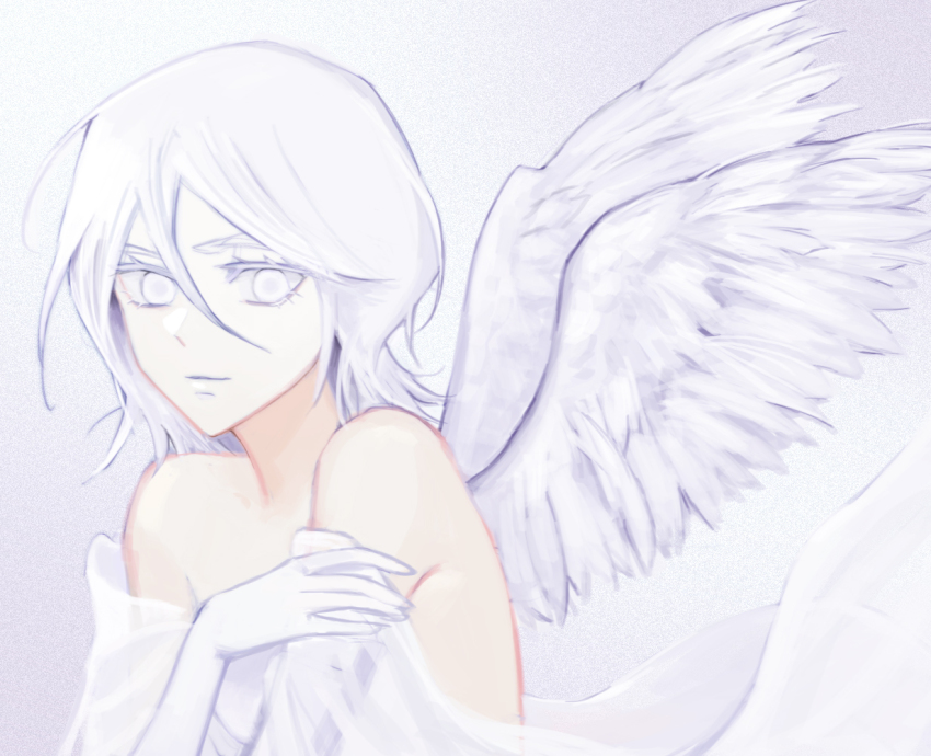 1girl, 22nae2, angel_wings, bare_shoulders, bleach, closed_mouth, dress, feathered_wings