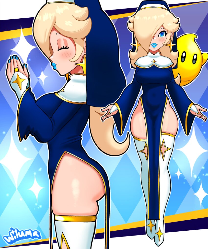 1girl, absurdres, ass, blue_lips, blue_nails, highres, luma_(mario), mario_(series), nintendo, nun, rosalina, side_slit, thighhighs, wiluma