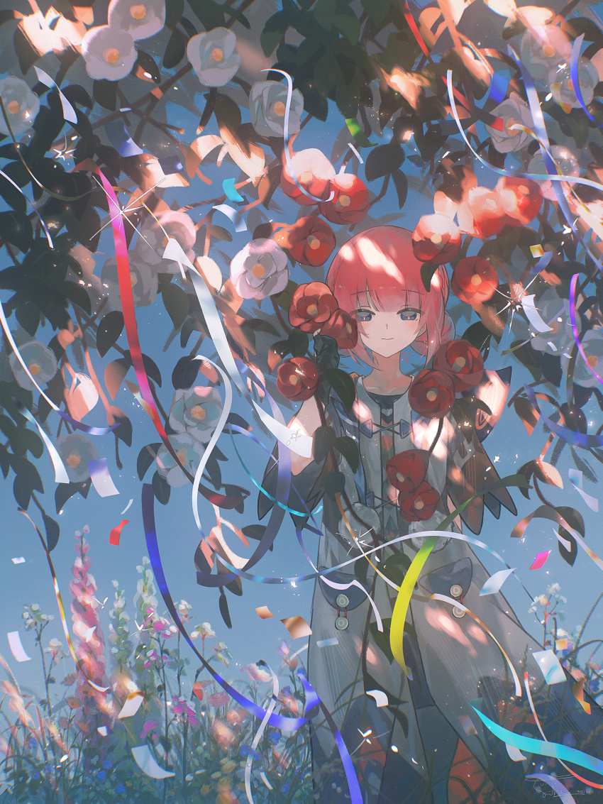 1girl, blush, closed_mouth, commentary, day, double_bun, flower, ghostlibe