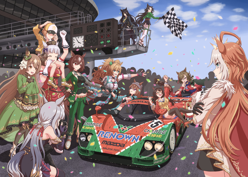 6+girls, ahoge, animal_ears, armband, ascot, asymmetrical_jacket, bare_shoulders, baseball_cap, beanie, black_choker, black_coat, black_dress, black_gloves, black_hair, black_pants, black_pantyhose, black_shirt, black_thighhighs, blast_onepiece_(umamusume), blue_coat, blue_dress, blue_eyes, blue_skirt, blue_sky, blunt_bangs, blush, bottle, bow, bowtie, braid, breasts, brown_ascot, brown_eyes, brown_hair, brown_hat, brown_shorts, camera, car, checkered_flag, choker, chrono_genesis_(prismatic_curator)_(umamusume), chrono_genesis_(umamusume), closed_eyes, closed_mouth, clothes_around_waist, cloud, coat, collared_shirt, confetti, crowd, crying, denim, detached_sleeves, domino_mask, double-parted_bangs, dress, ear_bow, ear_covers, ear_ornament, ear_ribbon, ear_scrunchie, ear_tag, earrings, ears_through_headwear, el_condor_pasa_(el_numero_1)_(umamusume), el_condor_pasa_(umamusume), eye_mask, fingerless_gloves, flag, fluffy_hair, frills, gloves, gold_ship_(red_strife)_(umamusume), gold_ship_(umamusume), green_dress, green_eyes, green_jacket, green_pants, grey_hair, grey_hat, hair_between_eyes, hair_intakes, hair_ornament, half_up_braid, half_updo, hat, high-low_skirt, highres, holding, holding_bottle, holding_camera, holding_flag, hood, hooded_jacket, horse_ears, horse_girl, horse_tail, incoming_hug, jacket, jacket_around_waist, jeans, jewelry, large_breasts, le_mans_prototype, leggings, long_bangs, long_hair, long_hair_between_eyes, long_sleeves, manhattan_cafe_(creeping_shadow)_(umamusume), manhattan_cafe_(umamusume), mask, mazda, mazda_787b, messy_hair, midriff, midriff_peek, motor_vehicle, multicolored_hair, multiple_girls, nakayama_festa_(shichuukyuukatsu)_(umamusume), nakayama_festa_(umamusume), navel, necktie, on_shoulder, open_clothes, open_jacket, open_mouth, orange_hair, orfevre_(control)_(umamusume), orfevre_(umamusume), outdoors, pants, pantyhose, pendant_choker, pillbox_hat, ponytail, purple_bow, purple_eyes, race_vehicle, racecar, red_armband, red_coat, red_dress, red_eyes, red_gloves, red_jacket, red_shirt, satake_mei, satono_crown_(umamusume), satono_diamond_(natural_brilliance)_(umamusume), satono_diamond_(umamusume), shirt, shirt_under_shirt, short_hair, shorts, single_ear_cover, single_earring, sirius_symboli_(feroce)_(umamusume), sirius_symboli_(umamusume), skirt, sky, sleeveless, sleeveless_dress, sleeves_past_fingers, sleeves_past_wrists, smile, speed_symboli_(umamusume), streaked_hair, striped_armband, striped_clothes, tail, taking_picture, tap_dance_city_(glitter!)_(umamusume), tap_dance_city_(umamusume), tears, thighhighs, tomozo8674, torn_clothes, torn_jeans, torn_pants, torn_shirt, twintails, two-tone_hair, umamusume, very_long_hair, wavy_hair, white_armband, white_coat, white_gloves, white_hair, white_hood, white_leggings, white_pants, white_pantyhose, white_shirt, wine_bottle, yellow_eyes, yellow_hat, yellow_hood, yellow_jacket, yellow_necktie, yellow_shirt