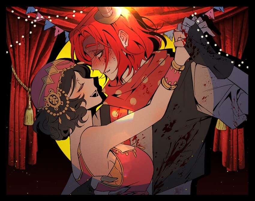 1boy, 1girl, ballroom_dancing, black_hair, black_jacket, blood, blood_on_clothes, blood_on_face