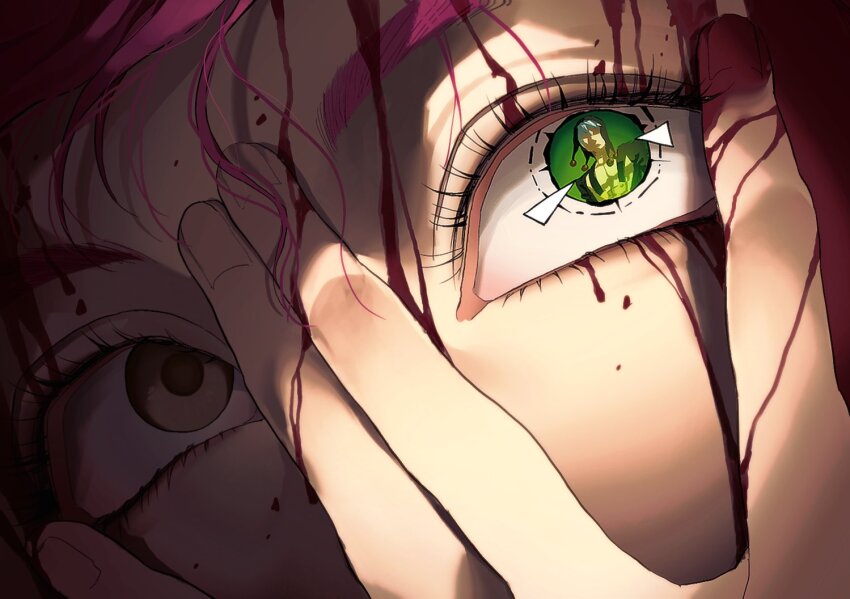 2boys, bare_pectorals, black_hat, blood, blood_on_face, blood_on_hands, eye_focus, eye_reflection