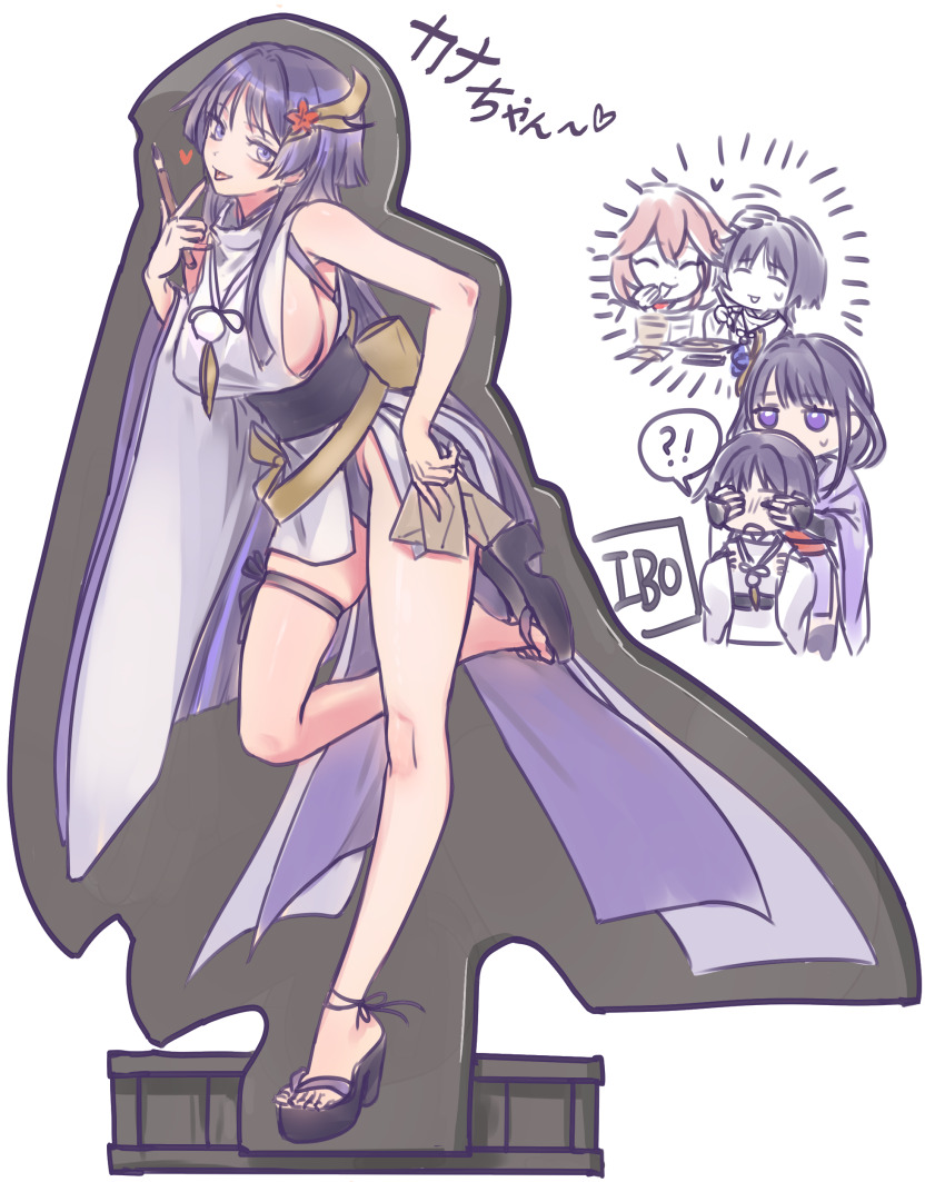 !?, 1boy, 3girls, 49ibo240, absurdres, adapted_costume, alternate_hair_length, alternate_hairstyle, arm_at_side, artist_name, bare_shoulders, black_bridal_gauntlets, black_sandals, black_thighhighs, blunt_bangs, blunt_ends, blunt_tresses, blush, breasts, bridal_gauntlets, calligraphy_brush, cardboard_cutout, closed_eyes, commentary_request, covering_another's_eyes, detached_sleeves, eyelashes, facing_another, feathers, flower, foot_up, genderswap, genderswap_(mtf), genshin_impact, hair_flower, hair_ornament, hand_up, heart, highres, holding, holding_calligraphy_brush, holding_letter, holding_paintbrush, japanese_clothes, kariginu, kimono, korean_commentary, large_breasts, layered_sleeves, letter, long_hair, long_sidelocks, looking_at_viewer, middle_ring, mother_and_child, mother_and_son, multiple_girls, obi, okobo, open_mouth, paintbrush, parent_and_child, pelvic_curtain, pink_hair, platform_sandals, pom_pom_(clothes), purple_eyes, purple_hair, purple_kimono, purple_sleeves, raiden_shogun, red_flower, red_sash, sandals, sash, scaramouche_(genshin_impact), scaramouche_(kabukimono)_(genshin_impact), short_kimono, side_slit, sideboob, sidelocks, single_sleeve, skindentation, spoken_interrobang, standee, string, sweatdrop, swept_bangs, tasuki, thigh_strap, thighhighs, tongue, tongue_out, tsurime, white_sleeves, wide_sleeves, wispy_bangs, yae_miko, yellow_feathers