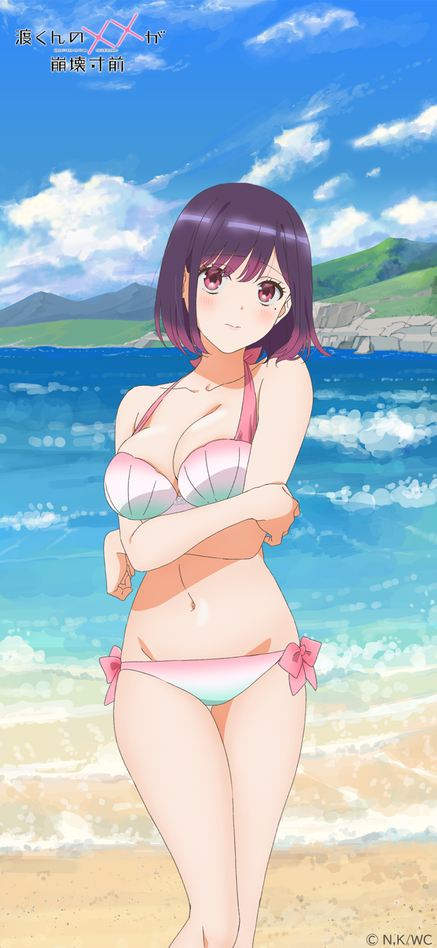 1girl, absurdres, artist_request, beach, bikini, blush, breasts, closed_mouth, commentary_request, copyright_logo, highres, ishihara_yukari, large_breasts, logo, looking_at_viewer, mole, mole_under_eye, navel, official_alternate_costume, official_art, outdoors, purple_hair, red_eyes, short_hair, solo, standing, swept_bangs, swimsuit, watari-kun_no_xx_ga_houkai_sunzen