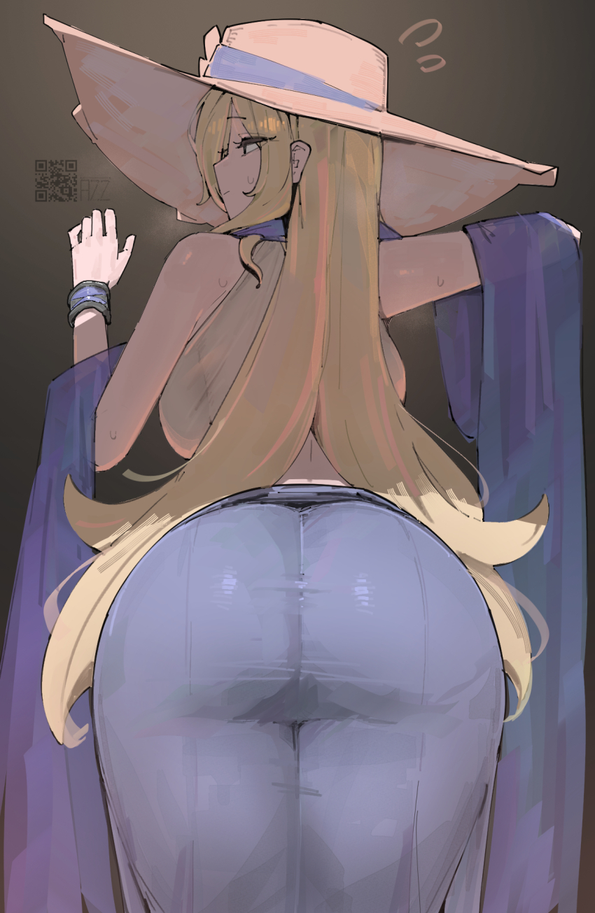 1girl, ass, azz0422, blonde_hair, blue_sarong, breasts, curvy, cynthia_(pokemon)