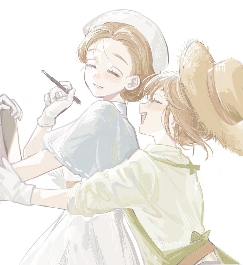 2girls, 6demo, apron, blue_capelet, blush, brown_hair, capelet, closed_eyes