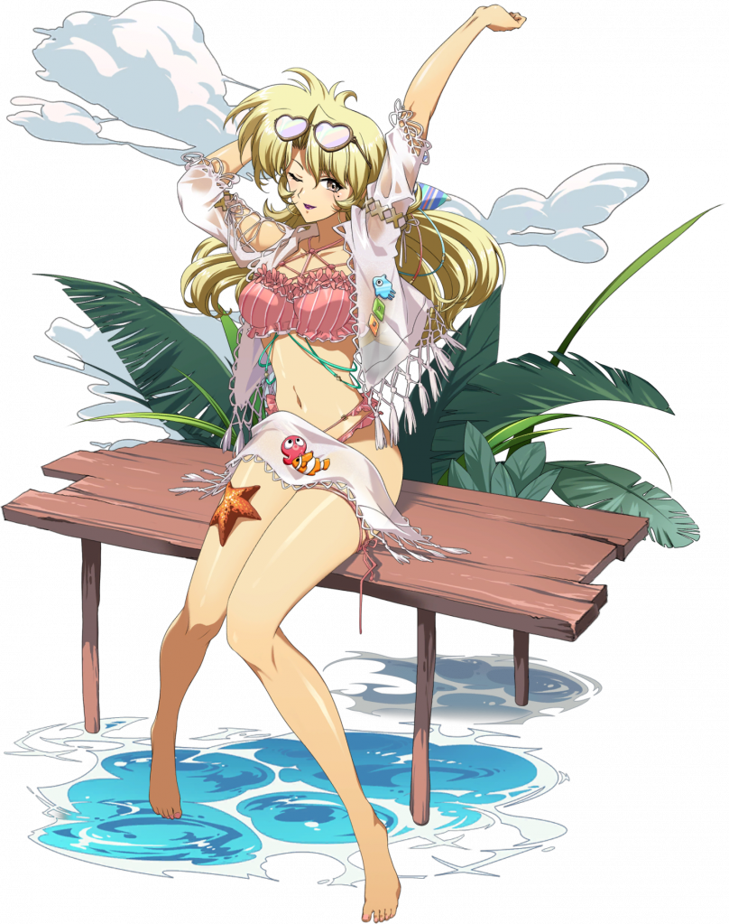 1girl, arm_above_head, arm_behind_head, arms_up, barefoot, bikini, blonde_hair, breasts