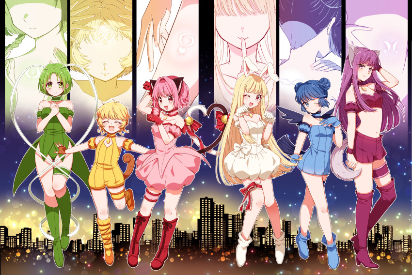 6+girls, aizawa_mint, animal_ears, bare_shoulders, bird_girl, bird_tail, bird_wings, blonde_hair