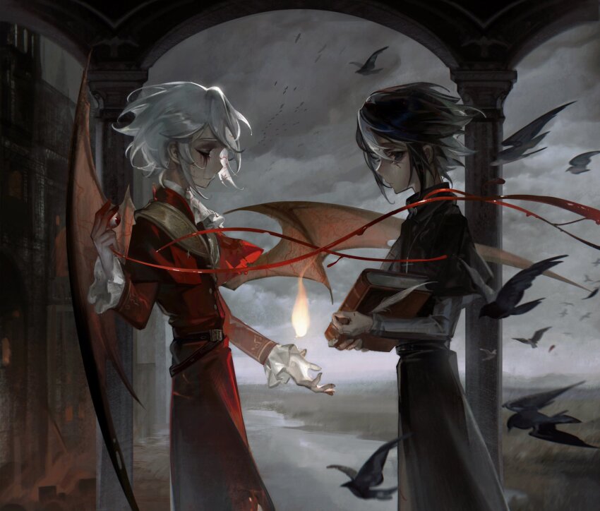 0212tu, 2boys, arcade_(architecture), arch, backlighting, bird, black_capelet, black_hair