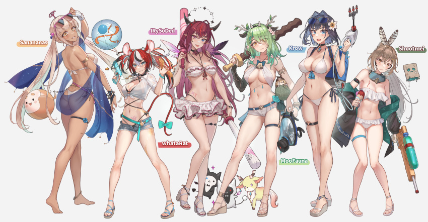 6+girls, :d, absurdres, alternate_costume, animal_ears, antlers, arm_strap, bag, bare_legs, beach, bell, bikini, bikini_skirt, bird, black_choker, bloom_(irys), blue_eyes, blue_hair, blue_nails, boros_(ouro_kronii), bow, branch, breasts, bridal_gauntlets, brown_eyes, brown_hair, can, cantaloupe, ceres_fauna, choker, cleavage, collarbone, commission, crossed_bangs, dark-skinned_female, dark_skin, demon_wings, denim, denim_shorts, drink_can, drinking_straw, eliskalti, eyelashes, eyewear_lift, eyewear_on_head, fangs, feather_hair_ornament, feathers, feet, flip-flops, flower, food, friend_(nanashi_mumei), frilled_bikini, frills, fruit, full_body, gloom_(irys), goggles, goggles_around_neck, green_hair, grey_background, guyrys, hair_between_eyes, hair_flower, hair_intakes, hair_ornament, hair_over_one_eye, hairband, hairclip, hakos_baelz, hand_up, handbag, head_tilt, head_wings, heterochromia, hieroglyphics, high_heels, highleg, highleg_bikini, highres, holding, holding_water_gun, hololive, hololive_english, hooman_(nanashi_mumei), horns, ice_cream, ice_cream_cone, irys_(hololive), jacket, kronie_(ouro_kronii), large_breasts, leaning_to_the_side, legs, long_hair, long_sleeves, looking_at_viewer, lotion, medium_breasts, melon, micro_shorts, mouse_ears, mouse_tail, multicolored_hair, multiple_girls, nail_polish, nanashi_mumei, navel, neck_bell, nemu_(ceres_fauna), off_shoulder, open_clothes, open_jacket, open_mouth, orange_eyes, ouro_kronii, owl, parted_lips, pink_eyes, pink_nails, pointy_ears, ponytail, red_hair, runes, sand, sandals, sandwich, sapling_(ceres_fauna), shadow, shiny_skin, short_hair, shorts, sideboob, sidelocks, simple_background, skindentation, smile, smol_ame, soda_can, standing, stomach, strapless, strapless_bikini, strappy_heels, streaked_hair, string_bikini, submarine_sandwich, sunglasses, sunscreen, super_soaker, swimsuit, tail, tail_bow, tail_ornament, thigh_strap, thighs, toenail_polish, toenails, toes, tsukumo_sana, twintails, underboob, very_long_hair, virtual_youtuber, water_gun, watson_amelia, weapon, white_background, white_bikini, white_hair, wings, yellow_eyes