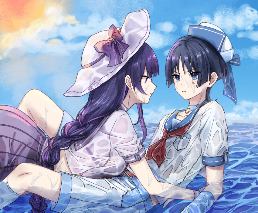 1boy, 1girl, alternate_costume, alternate_universe, anger_vein, angry, annoyed, back_peek, between_legs, blue_eyes, blue_hair, blue_sky, blurry, blurry_background, bra, bra_visible_through_clothes, braid, chinese_commentary, choker, closed_mouth, cloud, cloudy_sky, collarbone, commentary_request, crop_top, duplicate, expressionless, from_side, genshin_impact, girl_on_top, hair_between_eyes, hat, highres, huiyue1016, incest, knees_up, leaning, leaning_forward, long_braid, long_hair, looking_at_another, lying, lying_on_person, mole, mole_under_eye, mother_and_child, mother_and_son, on_person, on_stomach, outdoors, parent_and_child, pink_lips, purple_bra, purple_eyes, purple_hair, purple_shirt, purple_skirt, raiden_shogun, ripples, sailor_collar, scaramouche_(genshin_impact), see-through_clothes, see-through_shirt, shade, shirt, short_hair, short_sleeves, shorts, siblings, single_braid, skirt, sky, sun, underwear, upper_body, wanderer_(genshin_impact), water, wet, wet_clothes, wet_hair, wet_shirt