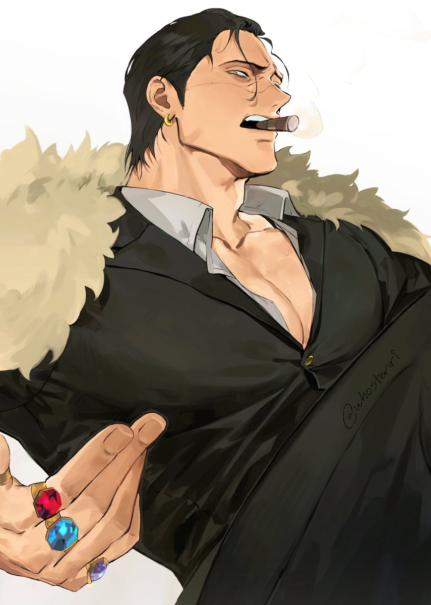 1boy, adam's_apple, black_hair, black_pants, black_shirt, buttons, cigar, collarbone