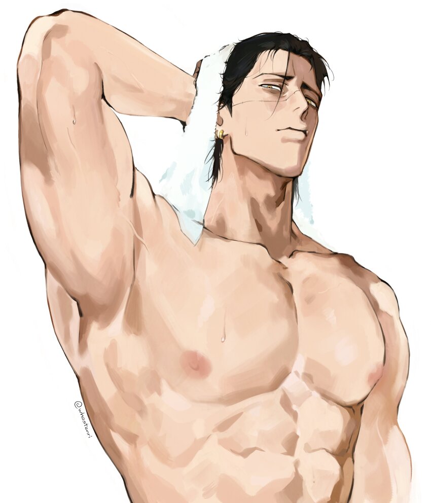 1boy, abs, absurdres, arm_behind_head, arm_up, bara, black_hair, closed_mouth