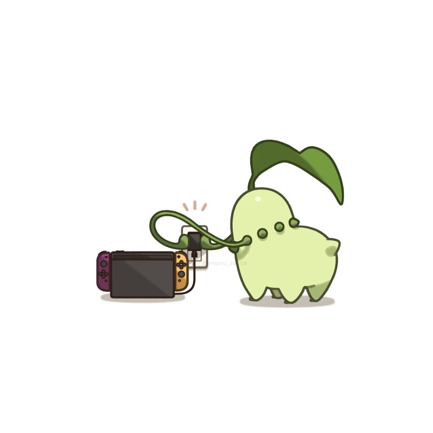 all_fours, charging_device, chikorita, colored_skin, commentary_request, electrical_outlet, from_behind, full_body, game_console, gen_2_pokemon, green_skin, handheld_game_console, highres, leaf, leaf_on_head, muru_zatta, nintendo, nintendo_switch, no_humans, notice_lines, plant, pokemon, pokemon_(creature), pokemon_focus, solo, vine_whip, vines, white_background