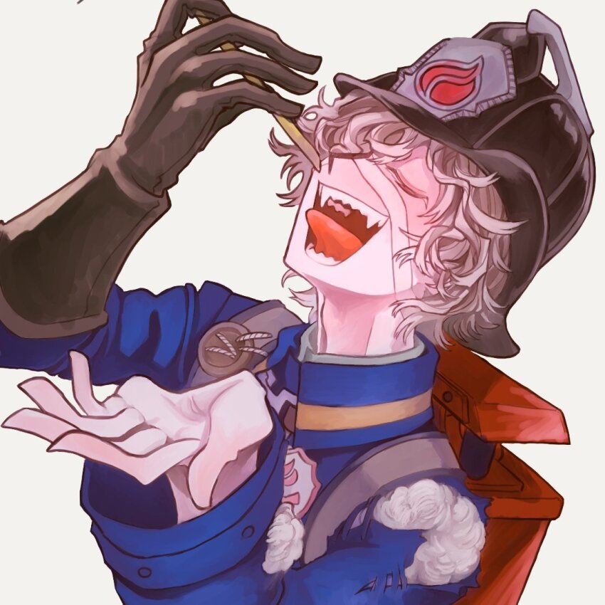 1boy, black_gloves, blonde_hair, blue_jacket, closed_eyes, curly_hair, fangs, firefighter