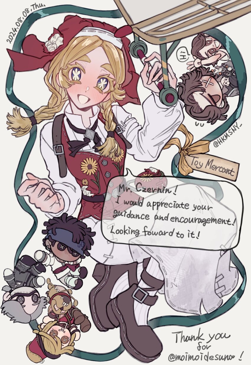 1girl, 4boys, :d, aesop_carl, anne_lester, ascot, black_ascot, black_ribbon