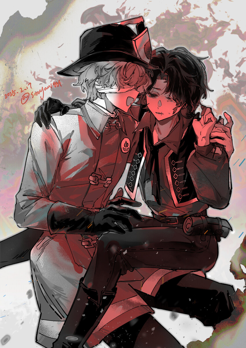 2boys, absurdres, bandage_over_one_eye, black_boots, black_gloves, black_hair, black_pants, boots