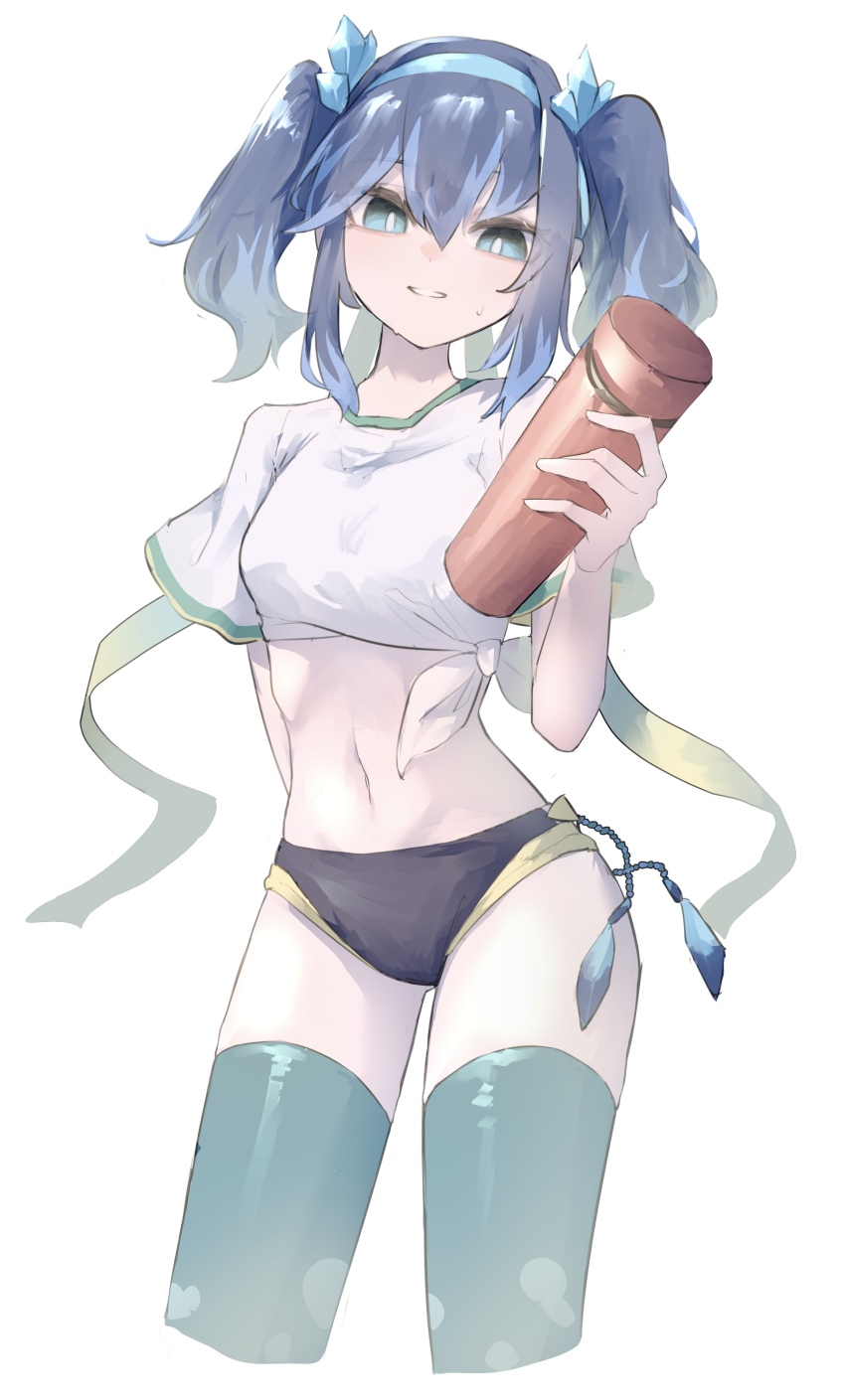 absurdres, blue_eyes, blue_hair, bottle, breasts, buruma, commentary, fubukihime