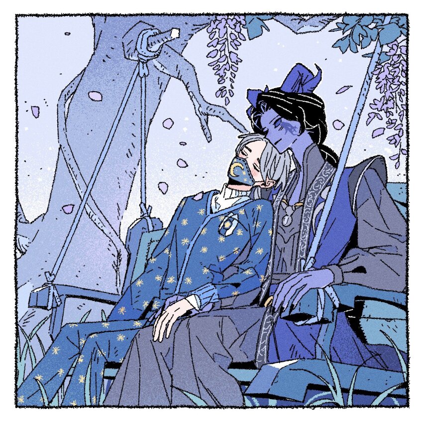 2boys, aesop_carl, aesop_carl_(man_in_dream), black_hair, black_pants, blue_horns, blue_sclera, blue_skin, blush, closed_eyes, colored_sclera, colored_skin, curled_horns, facial_mark, falling_petals, fingernails, grass, grey_hair, grey_shirt, high_collar, highres, horns, identity_v, joseph_desaulniers, joseph_desaulniers_(azrael), leaning_on_person, male_focus, mask, mouth_mask, multiple_boys, nakainaka4383, pajamas, pants, petals, puffy_sleeves, sharp_fingernails, shirt, solid_eyes, swing_set, tree, turtleneck, yaoi