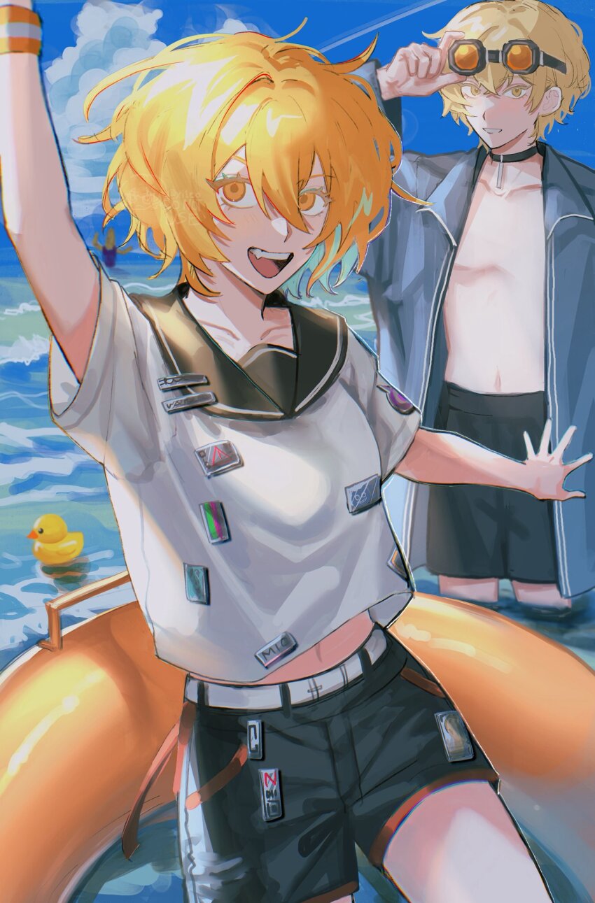 1boy, 1girl, adjusting_eyewear, alternate_costume, black_choker, blonde_hair, blue_jacket, choker