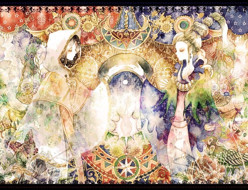 2girls, bad_id, bad_pixiv_id, black_hair, blonde_hair, braid, cloak, dress