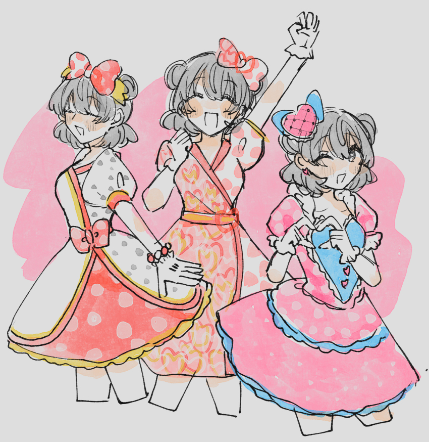 1girl, 47music2, black_hair, bow, disneyland, dress, gloves, hair_bow, heart, highres, humanization, looking_at_viewer, mickey_mouse_&amp;_friends, minnie_mouse, multiple_persona, open_mouth, polka_dot, polka_dot_bow, polka_dot_dress, short_hair, smile, solo