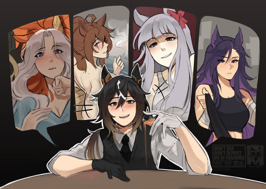5girls, alcohol, asymmetrical_gloves, bandaged_arm, bandages, black_gloves, black_hair, black_sweater_vest, blush, breasts, cigarette, cleavage, commentary, cup, de_laroche_(racehorse), dear_wink_(racehorse), drinking_glass, drunk, empty_eyes, english_commentary, gloves, heart, heart-shaped_pupils, highres, image_in_speech_bubble, lucesamaaa, medium_breasts, mismatched_gloves, multicolored_hair, multiple_girls, necktie, nude, orange_hair, oriental_art_(racehorse), point_flag_(racehorse), purple_hair, scar, scar_on_face, shirt, shot_glass, sleeves_rolled_up, smoke, smoking, stay_gold_(umamusume), sweater_vest, symbol-shaped_pupils, two-tone_hair, umamusume, water, white_gloves, white_hair, white_shirt