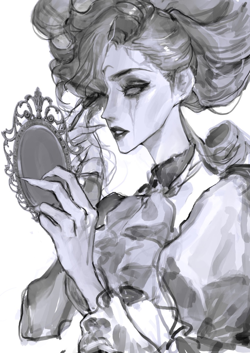 1girl, absurdres, applying_makeup, ascot, black_lips, claws, fingernails, greyscale, hair_pulled_back, highres, holding, holding_mirror, identity_v, looking_at_mirror, makeup, mirror, monochrome, runny_makeup, sangria_(identity_v), sharp_fingernails, shikouquan, solid_eyes
