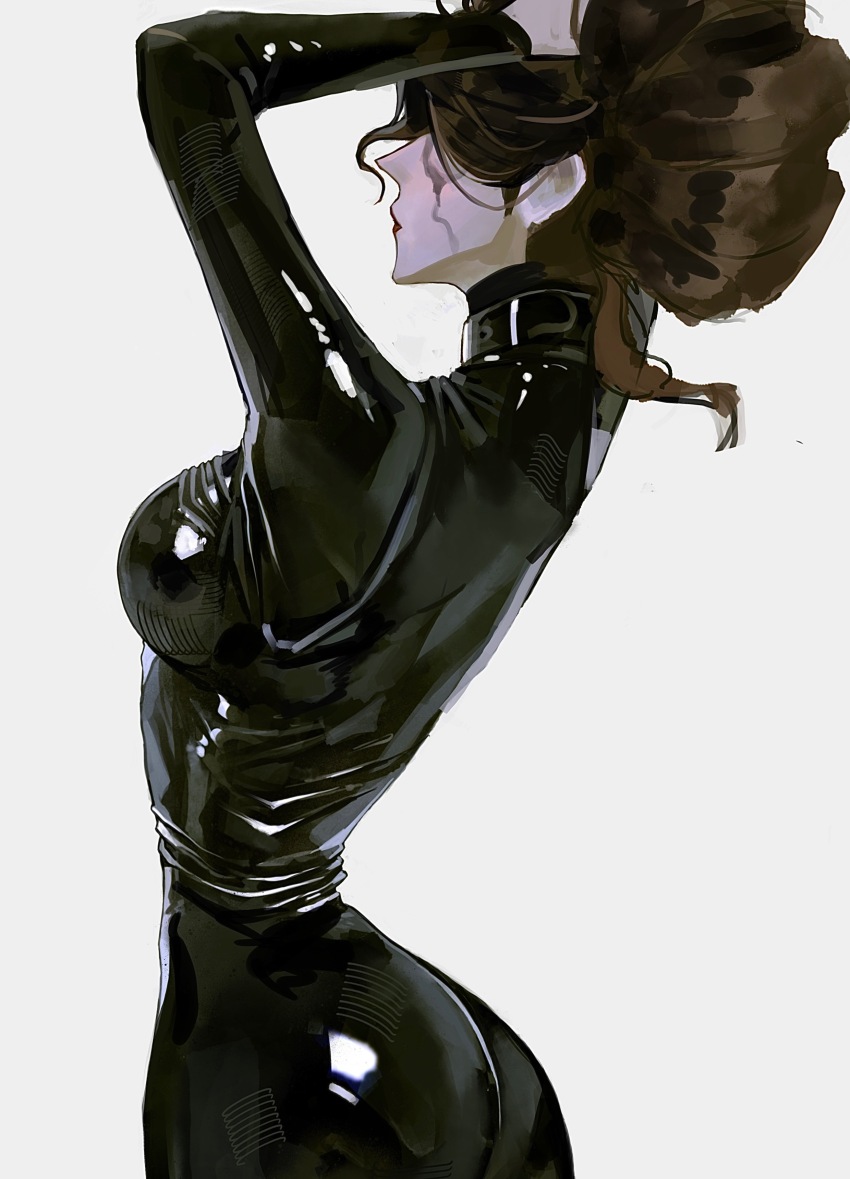 1girl, absurdres, arched_back, ass, bodysuit, breasts, brown_hair, colored_skin, curvy, facing_away, grey_skin, hands_in_own_hair, highres, identity_v, latex, latex_bodysuit, makeup, medium_breasts, red_lips, runny_makeup, sangria_(identity_v), shikouquan, shiny_clothes, skin_tight