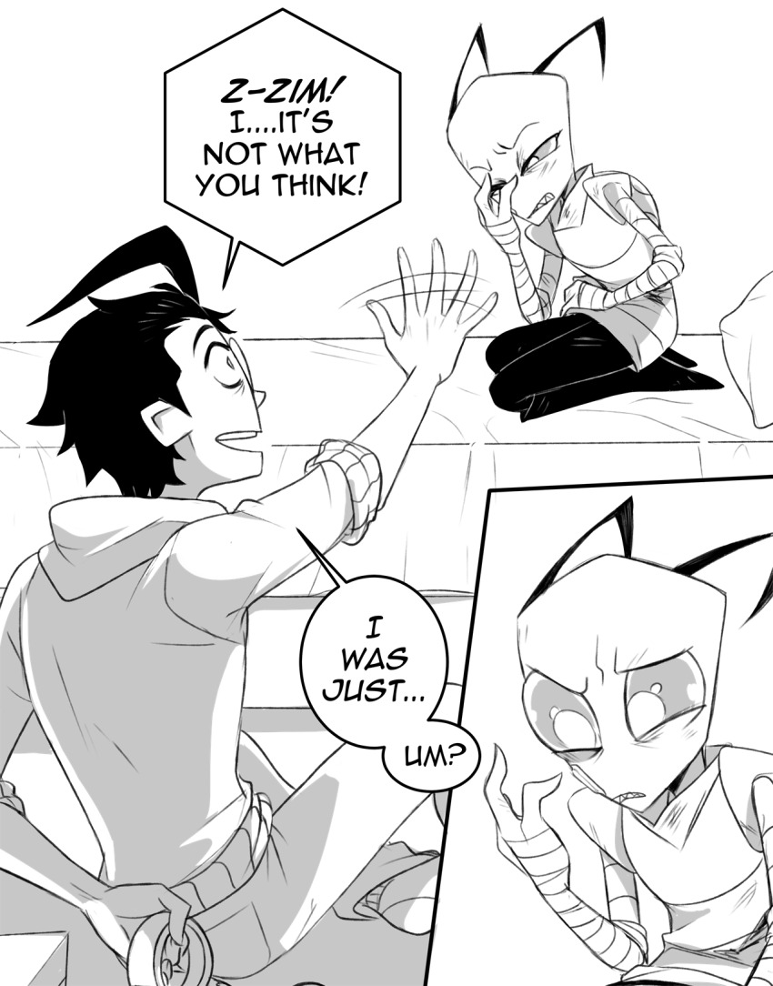 2boys, aged_up, ahoge, alien, bald, bandaged_arm, bandages, bed