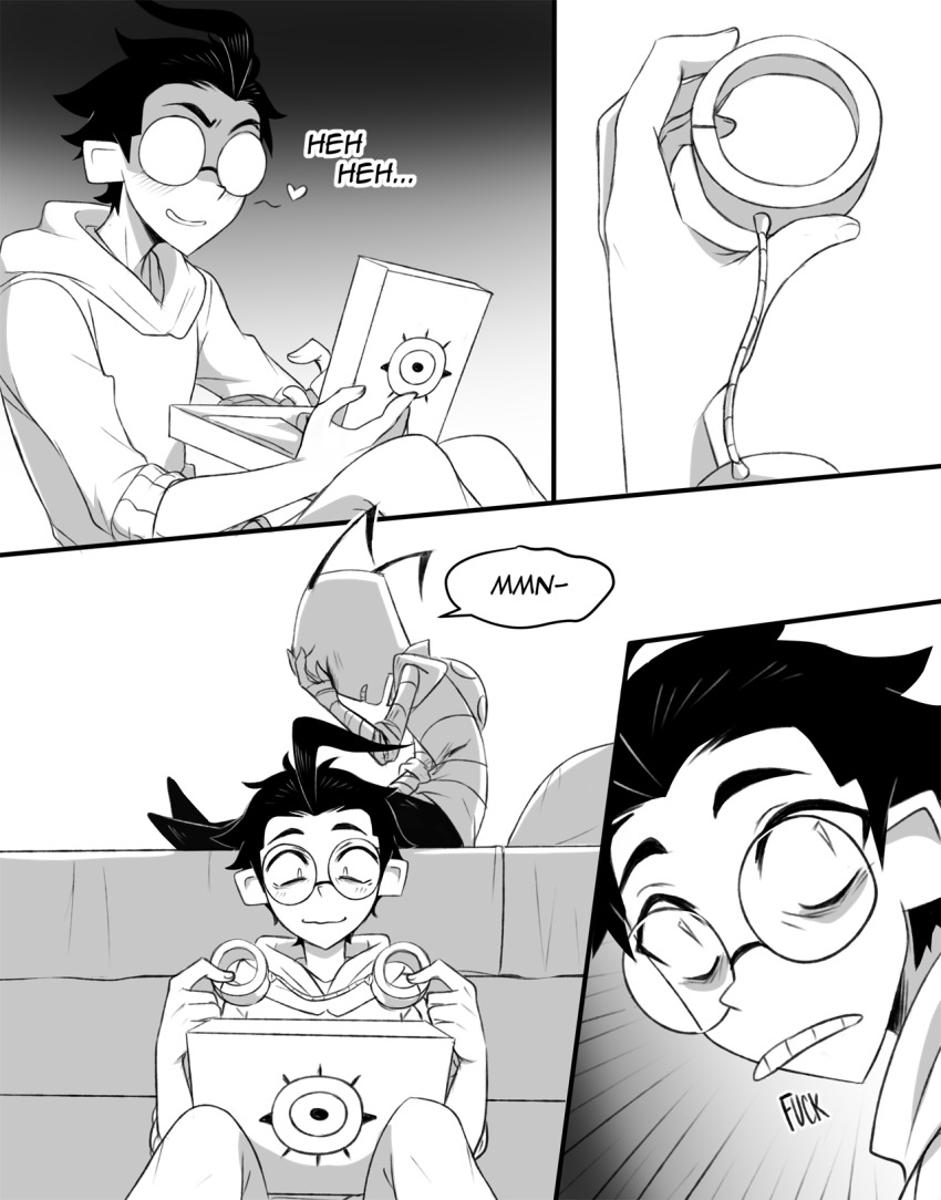 2boys, alien, bald, bed, blush, commentary, cuffs, dib_(invader_zim)