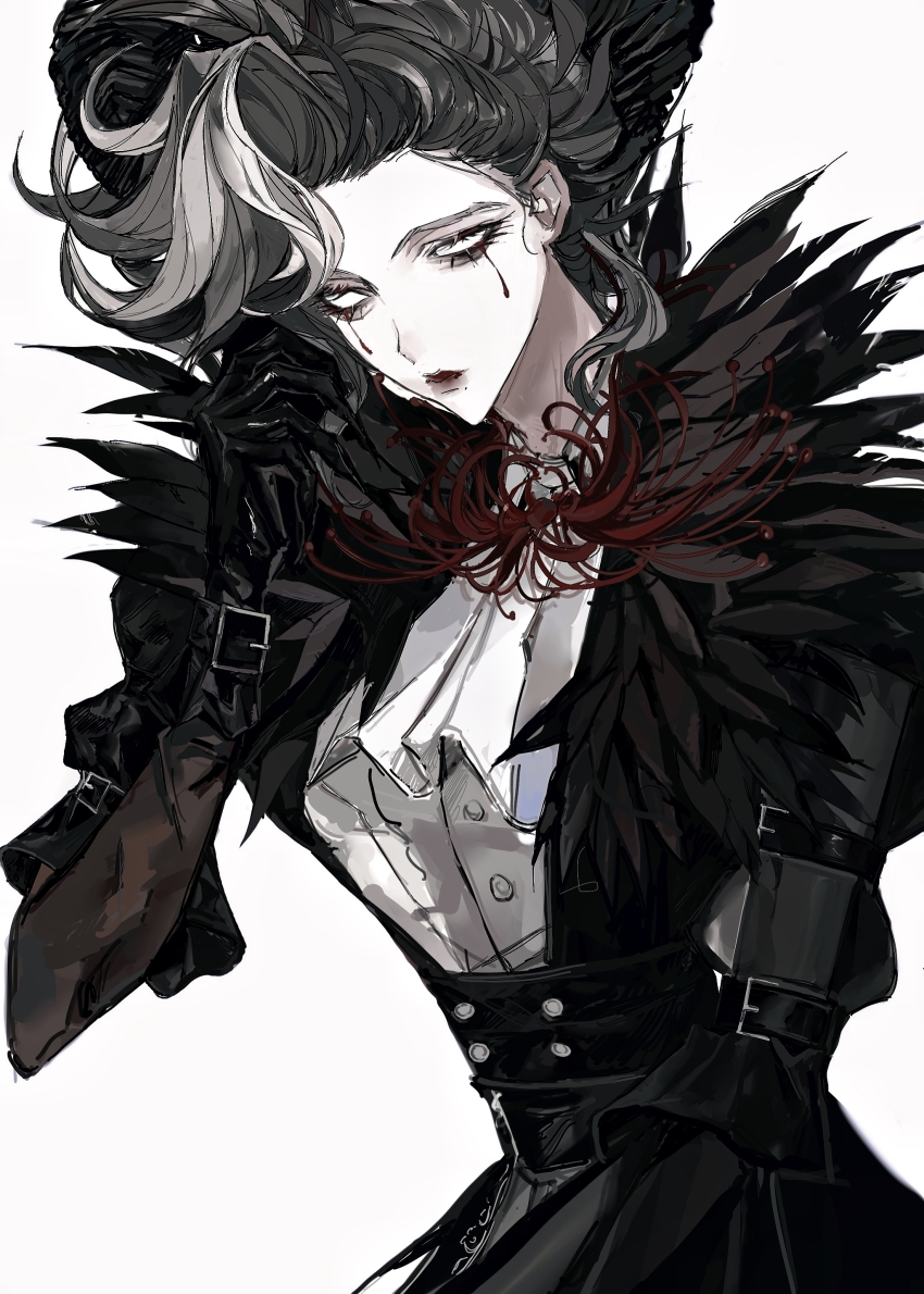 1girl, absurdres, ascot, black_gloves, blank_eyes, brown_hair, claws, feather-trimmed_jacket