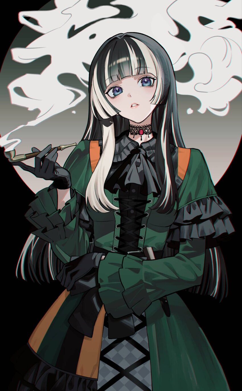 1girl, ascot, black_ascot, black_choker, black_gloves, blonde_hair, blue_eyes, blue_hair