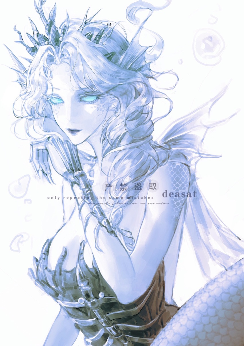 1girl, absurdres, aqua_eyes, aqua_sclera, bare_shoulders, black_lips, breasts, bubble, cleavage, colored_eyelashes, colored_sclera, colored_skin, crown, english_text, gills, grace_(halberd_of_silence)_(identity_v), grace_(identity_v), hair_intakes, highres, identity_v, scales, shikouquan, solid_eyes, white_background, white_eyelashes, white_hair, white_skin