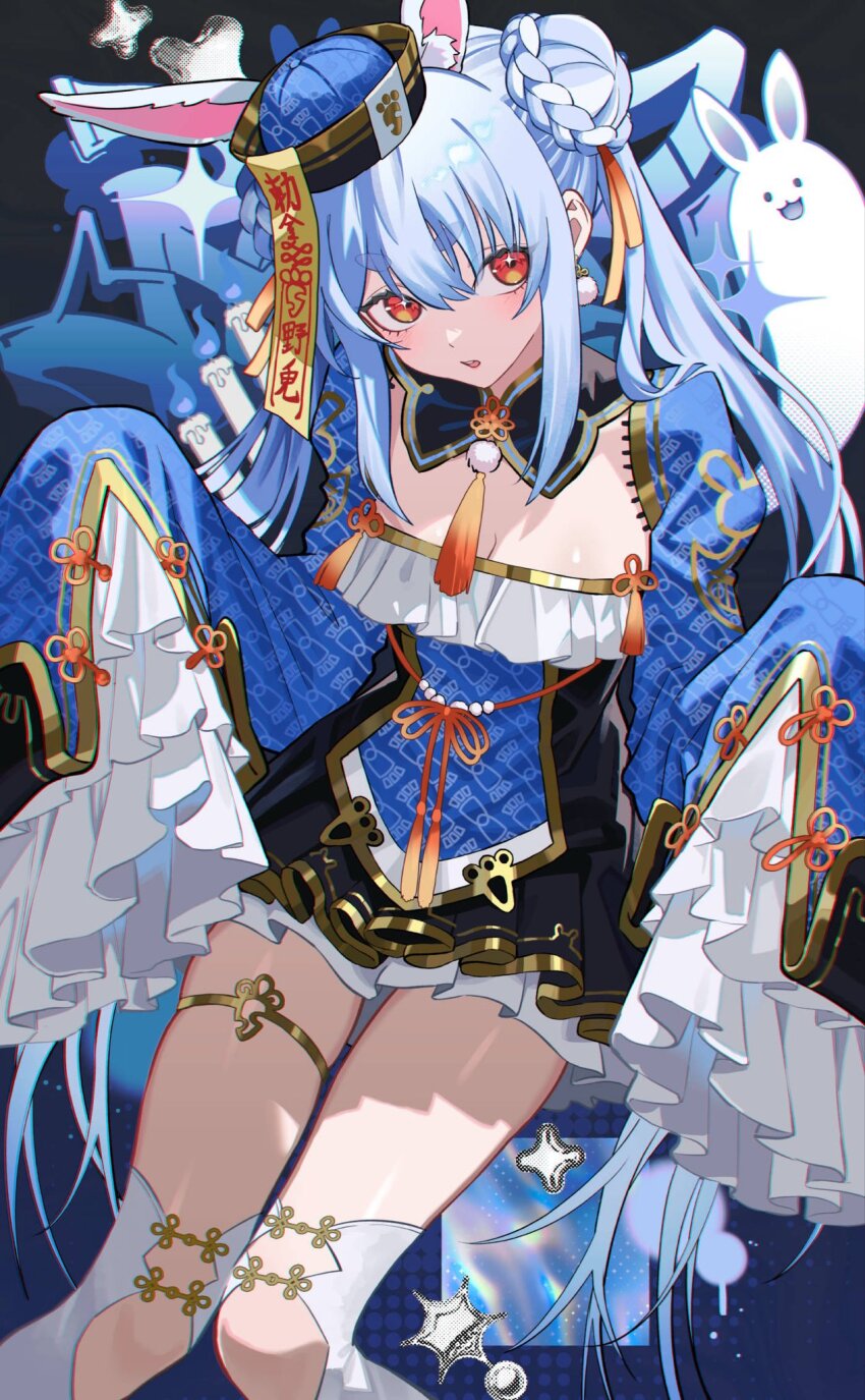 1girl, animal_ears, blue_hair, blue_robe, braid, braided_bun, breasts, choppy_bangs