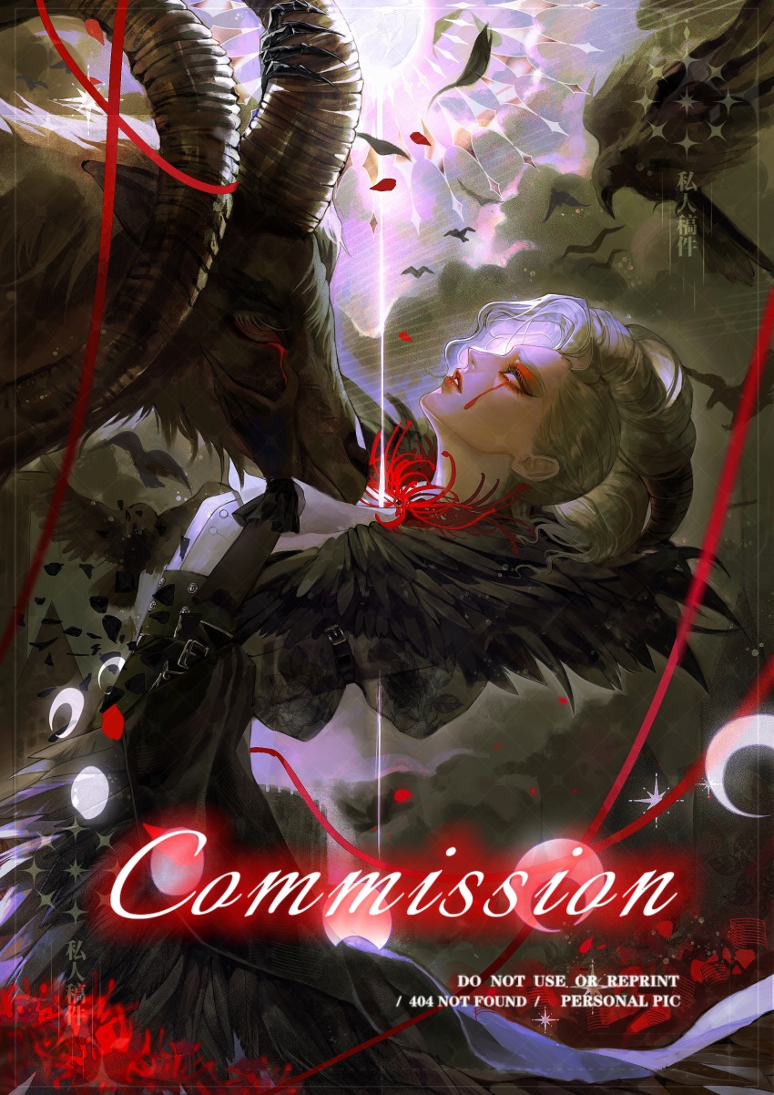 absurdres, arched_back, bird, black_dress, black_gloves, black_horns, blank_eyes, commission, crow, curled_horns, dress, english_text, eyeshadow, feather-trimmed_dress, frilled_gloves, frills, gloves, goat, goat_horns, hair_pulled_back, head_back, highres, horns, identity_v, lace, looking_up, makeup, official_alternate_costume, pale_skin, profile, red_eyeshadow, red_lips, runny_makeup, sangria_(identity_v), shikouquan, shirt, wavy_hair, white_hair, white_shirt