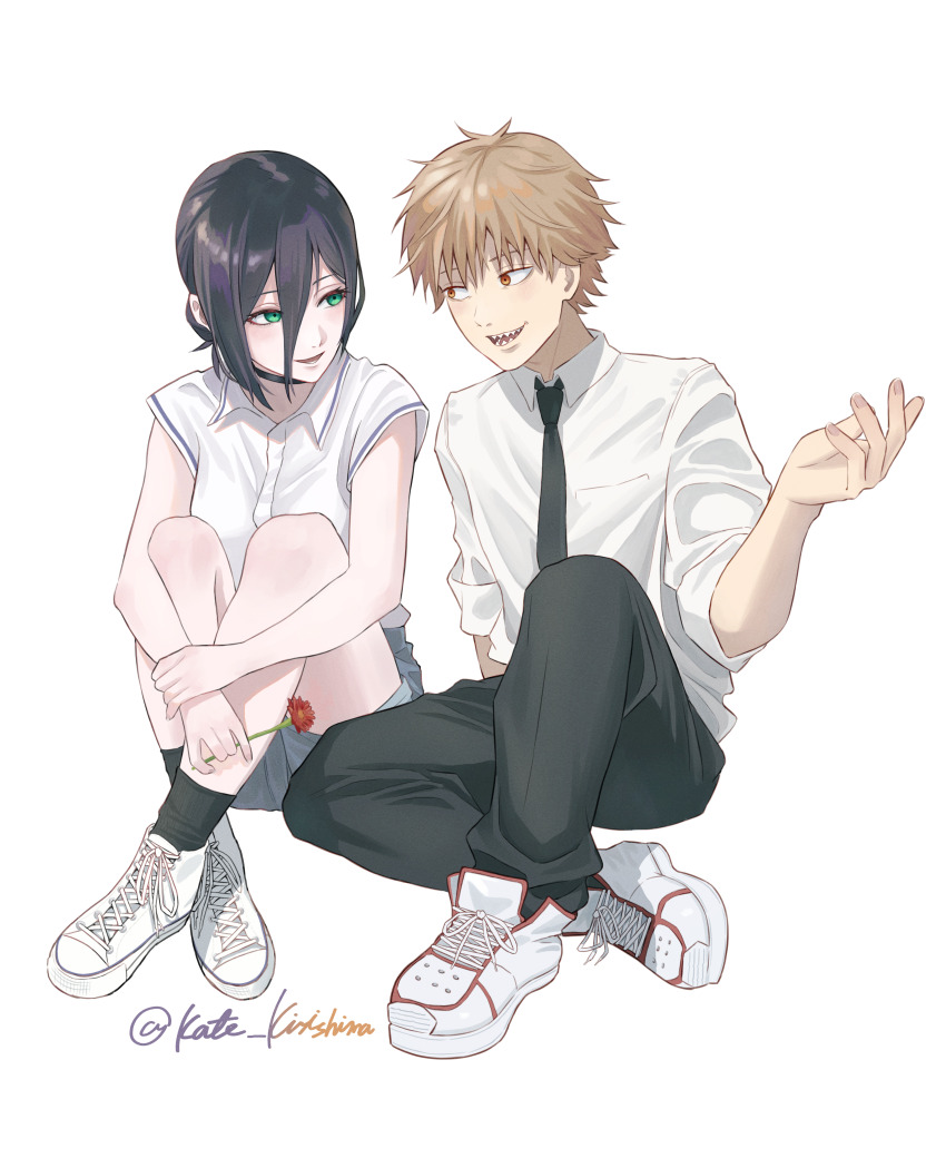 1boy, 1girl, absurdres, black_choker, black_hair, black_necktie, black_pants, black_socks