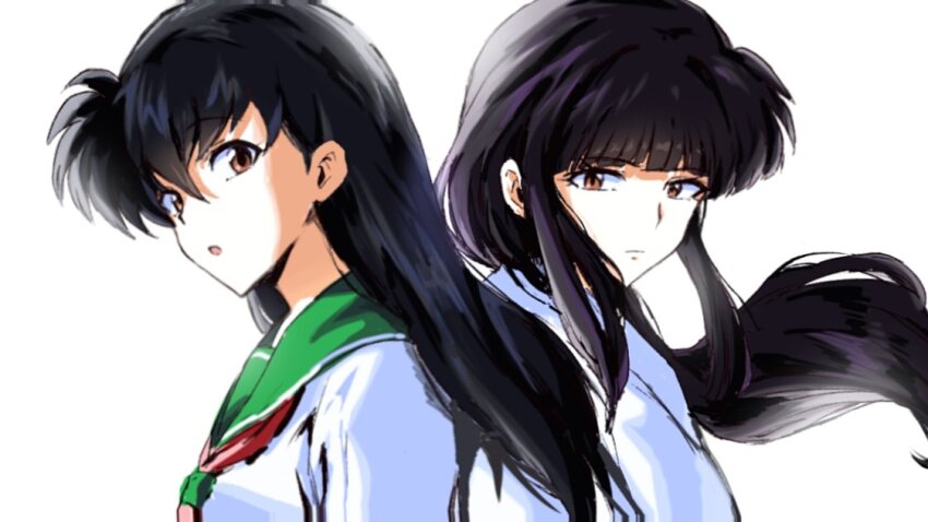 2girls, black_hair, blunt_bangs, breasts, brown_eyes, closed_mouth, green_sailor_collar, hair_between_eyes