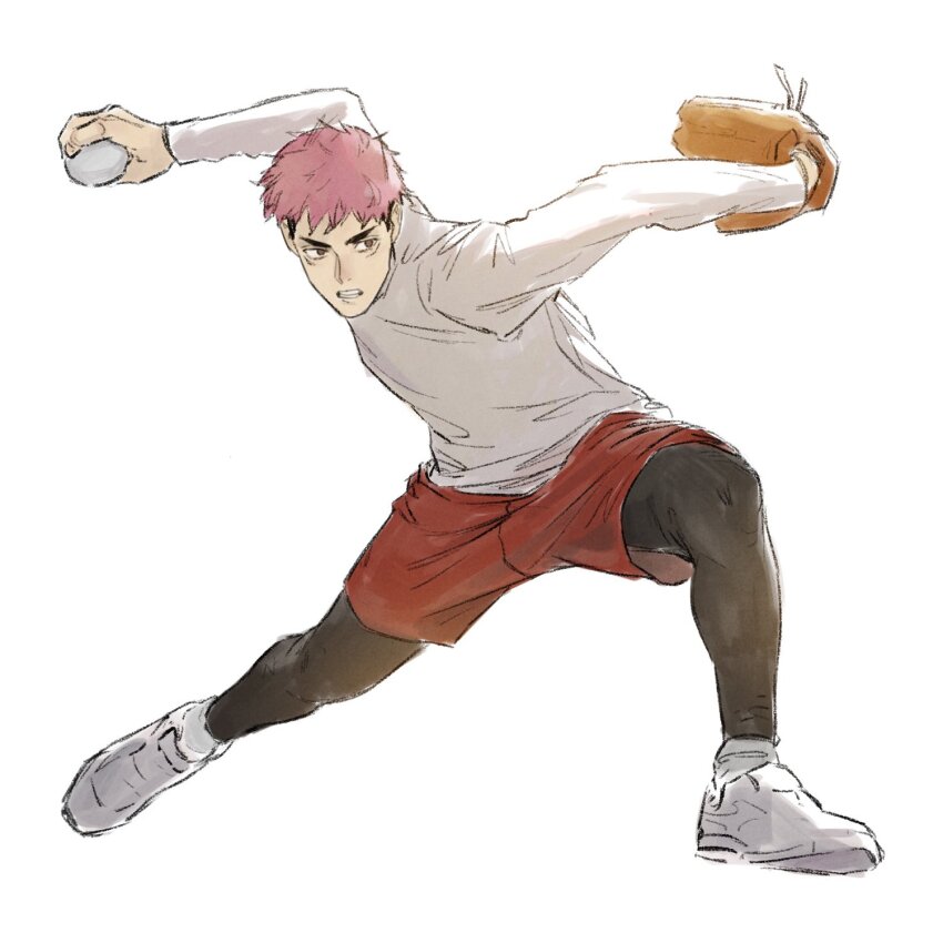 1boy, artbyshinji, ball, baseball_(object), baseball_glove, black_hair, black_pantyhose, closed_mouth