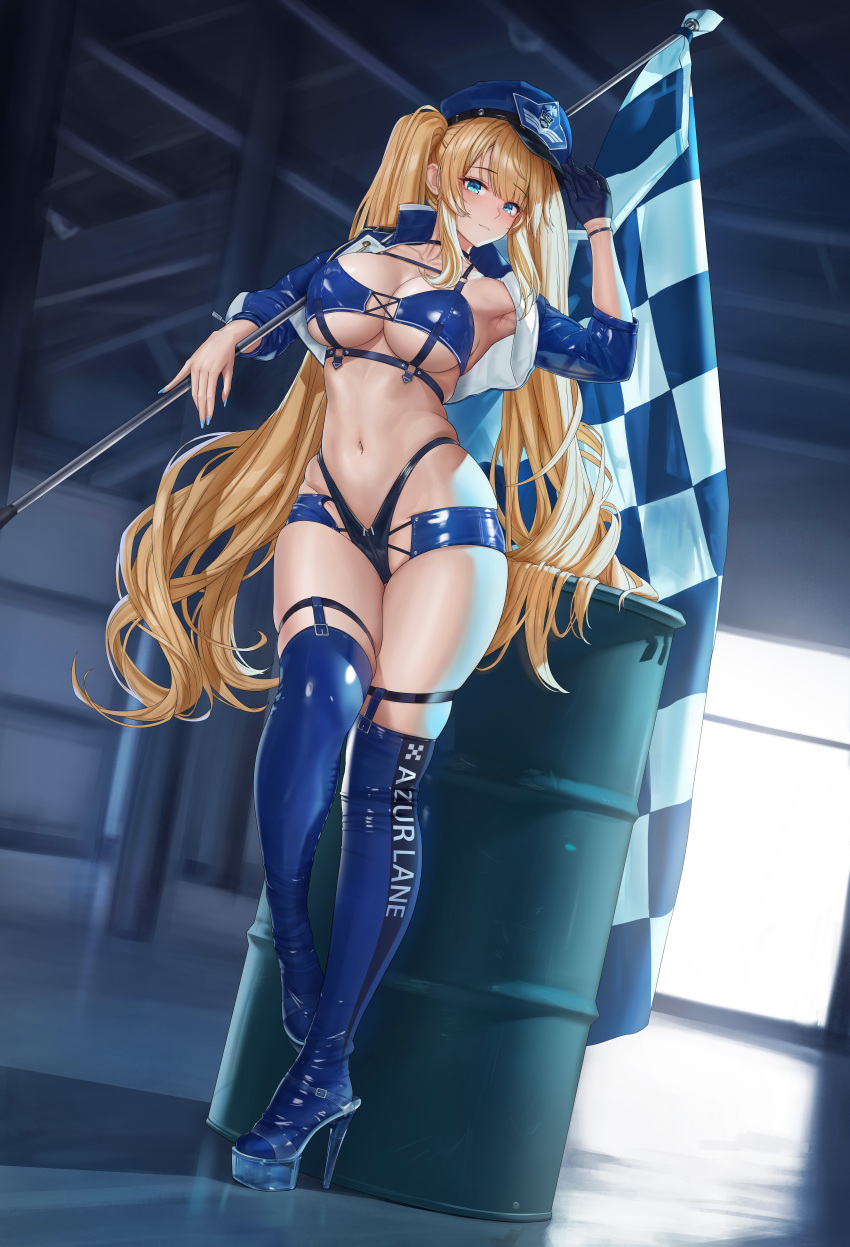 1girl, absurdres, arm_up, armpits, azur_lane, backlighting, baltimore_(azur_lane), baltimore_(azur_lane)_(cosplay), baltimore_(finish_line_flagbearer)_(azur_lane), barrel, bikini, black_gloves, blonde_hair, blue_bikini, blue_eyes, blue_hat, blue_jacket, blue_nails, blue_shorts, blue_thighhighs, blunt_bangs, blush, boots, breasts, c_chan_(vtuber), ceiling, checkered_flag, chest_belt, chinese_commentary, cleavage, closed_mouth, collarbone, commentary_request, copyright_name, cosplay, criss-cross_strings, cropped_jacket, drum_(container), dutch_angle, fingernails, flag, full_body, garter_straps, gloves, hat, high_heel_boots, high_heels, highleg, highleg_bikini, highres, holding, holding_flag, indie_virtual_youtuber, indoors, jacket, large_breasts, long_fingernails, long_hair, long_sleeves, looking_at_viewer, micro_shorts, nail_polish, navel, peaked_cap, platform_heels, race_flag, race_queen, ringed_eyes, see-through_clothes, see-through_footwear, shorts, sidelocks, single_glove, skindentation, solo, standing, standing_on_one_leg, stomach, swimsuit, thigh_strap, thighhighs, three-quarter_sleeves, twintails, two-sided_fabric, two-sided_jacket, underboob, very_long_hair, virtual_youtuber, wrist_straps, yuhui_ranjin