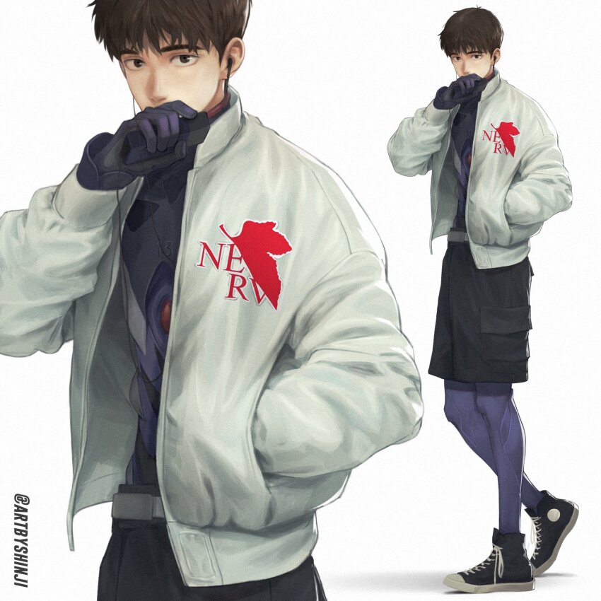 1boy, artbyshinji, black_shorts, brown_eyes, brown_hair, converse, earphones, full_body