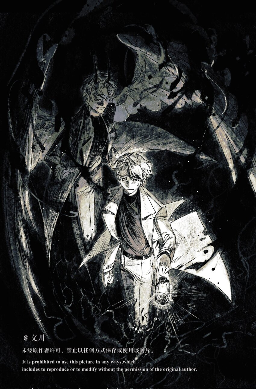 2boys, :d, :|, black_coat, black_hair, black_shirt, black_wings, blood