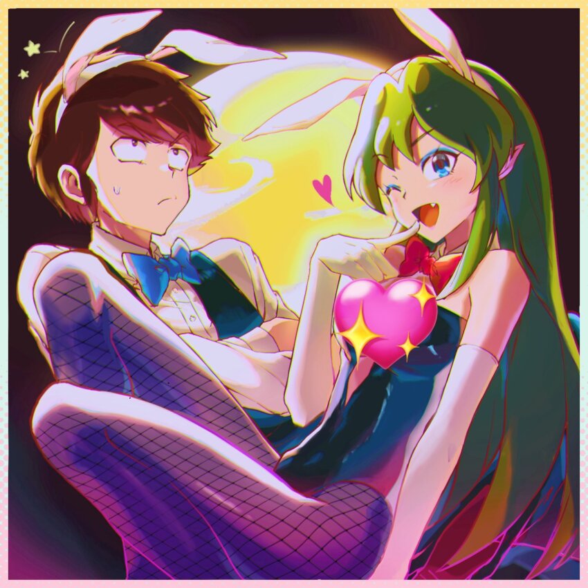 1boy, 1girl, animal_ear_hairband, animal_ears, bare_shoulders, black_necktie, black_vest, blue_bow